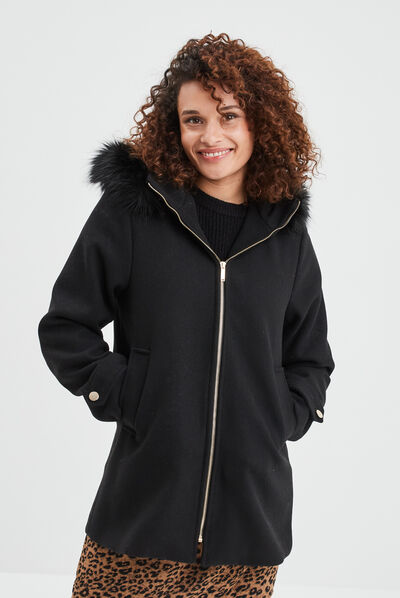 Manteau zippé à capuche fausse fourrure noir femme