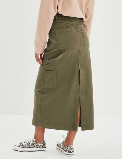 Jupe midi droite 5 poches vert kaki femme