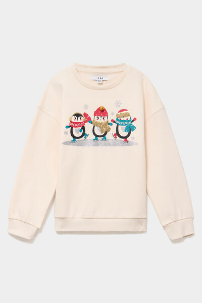 Sweat oversize &agrave; sequins col rond ivoire fille