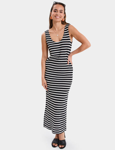 Robe longue en crochet bretelles larges noir femme
