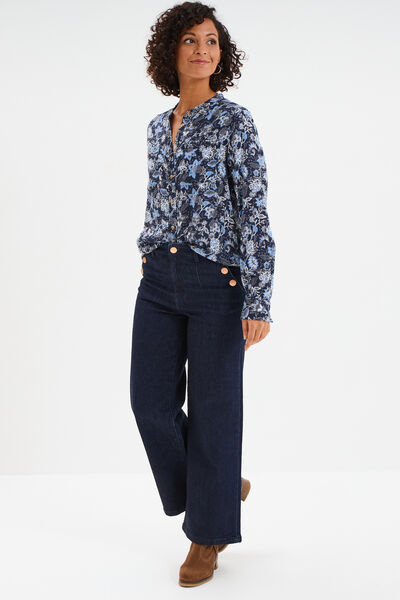Chemise manches longues col mao bleu marine femme