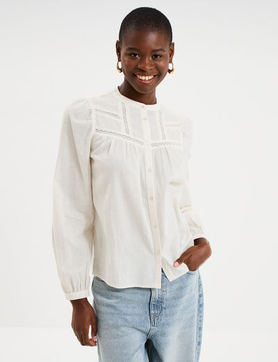 Blouse droite manches longues coton ecru femme