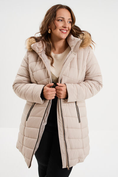 Doudoune longue &agrave; capuche beige femme grande taille