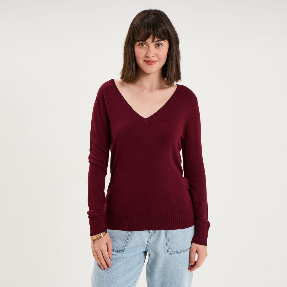 Pull col en V manches longues bordeaux femme