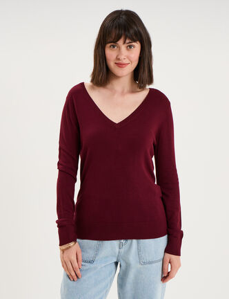 Pull col en V manches longues bordeaux femme