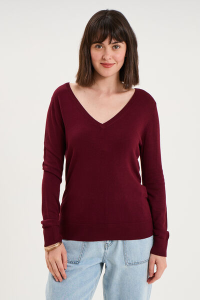 Pull col en V manches longues bordeaux femme