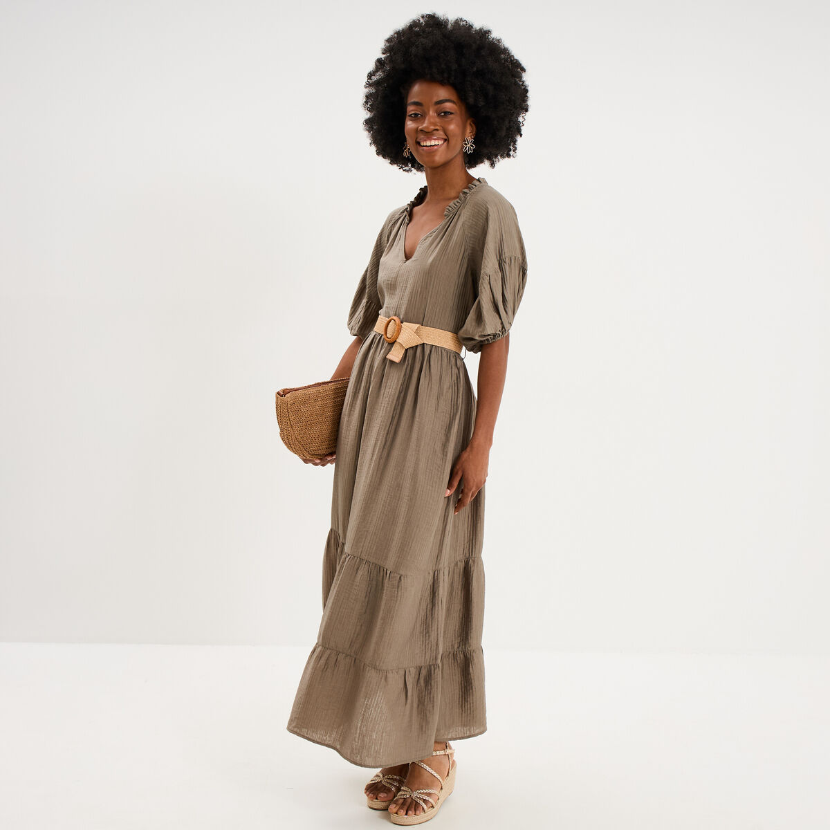Robe longue &agrave; volants et ceinture vert kaki femme