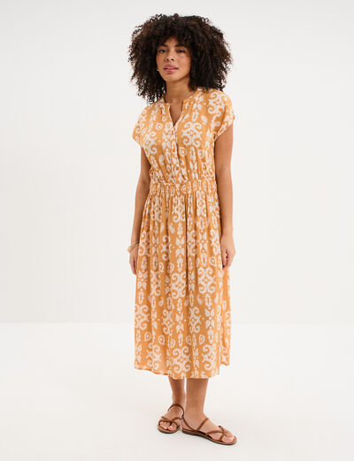 Robe longue cr&eacute;pon col tunisien jaune ocre femme