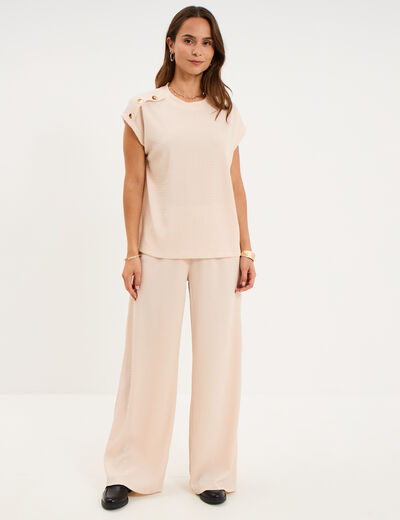 Pantalon effet gaufr&eacute; fluide beige femme