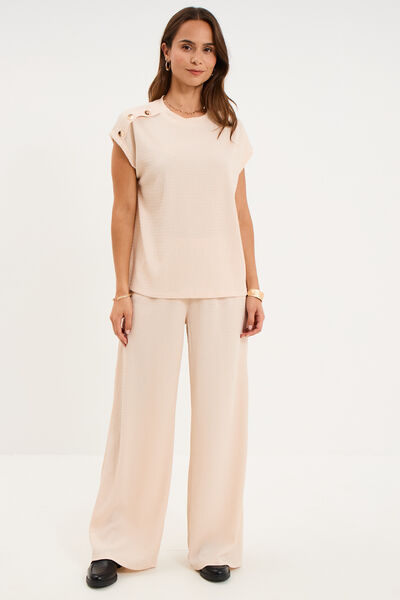 Pantalon effet gaufr&eacute; fluide beige femme