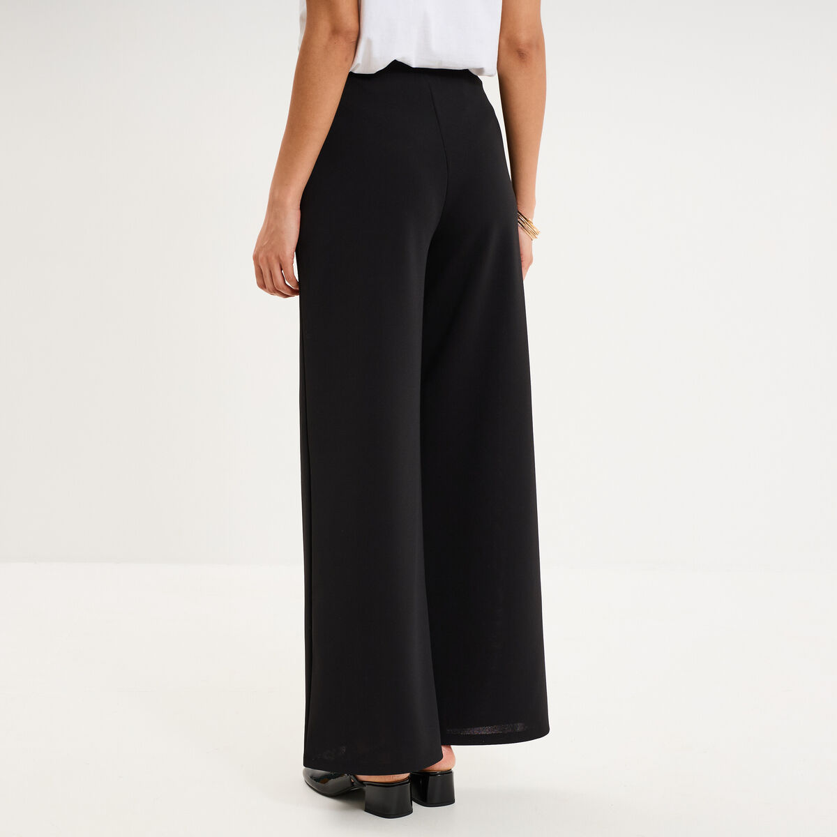 Pantalon large fluide taille haute noir femme