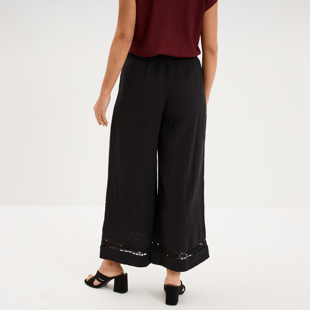 Pantalon large &eacute;lastiqu&eacute;e gaze coton noir femme