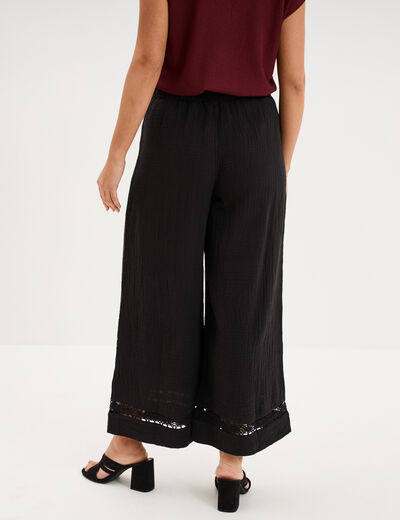 Pantalon large &eacute;lastiqu&eacute;e gaze coton noir femme