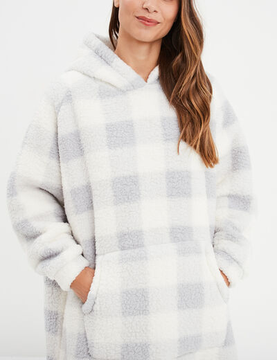 Poncho plaid effet polaire à capuche ecru femme