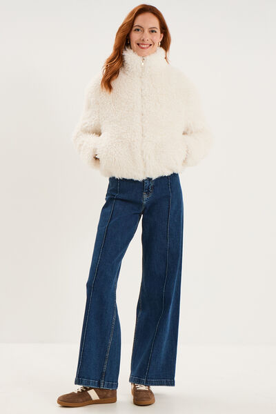Veste courte fausse fourrure col montant ivoire femme