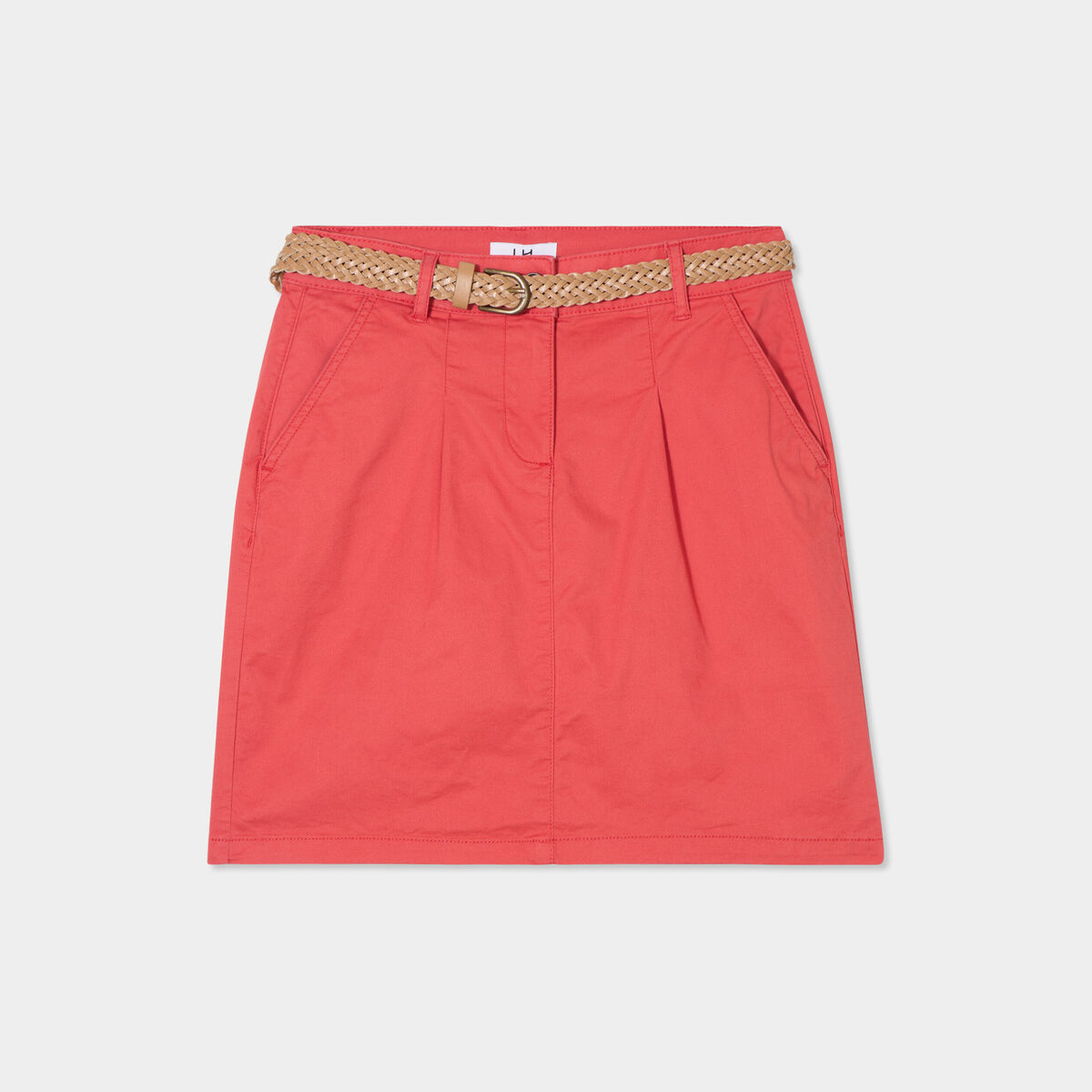 Jupe chino droite ceinture tressée rouge corail femme