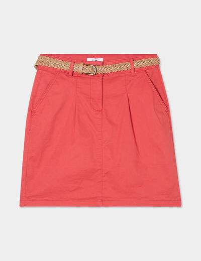 Jupe chino droite ceinture tressée rouge corail femme