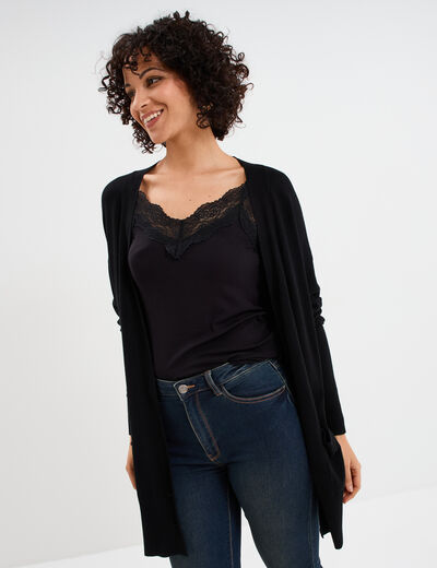 Gilet mi-long manches longues noir femme