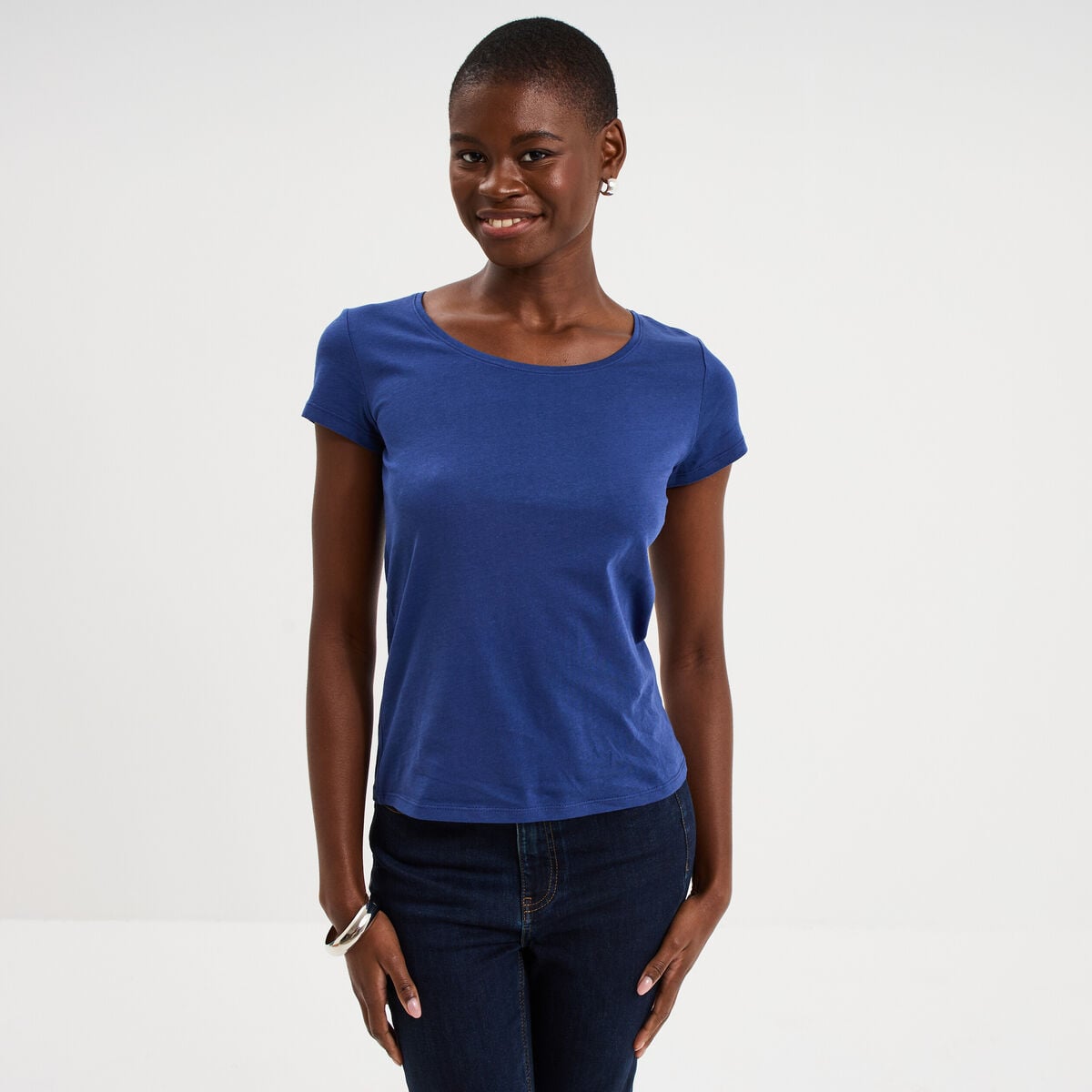 T-shirt coton col rond manches courtes bleu marine femme