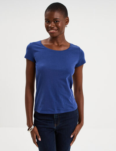 T-shirt coton col rond manches courtes bleu marine femme