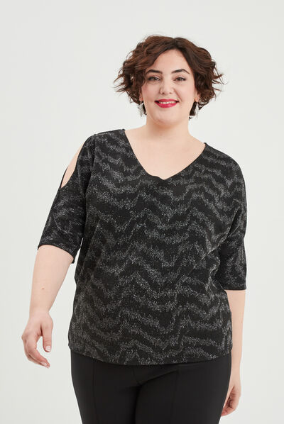 T-shirt fils métallisés et ouvertures noir femme grande taille
