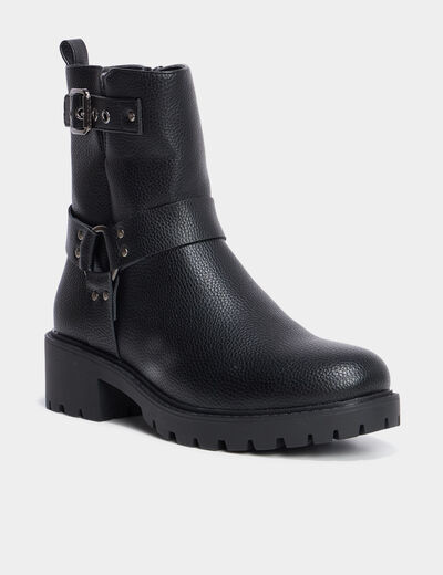 Bottines motardes crantées avec brides noir femme