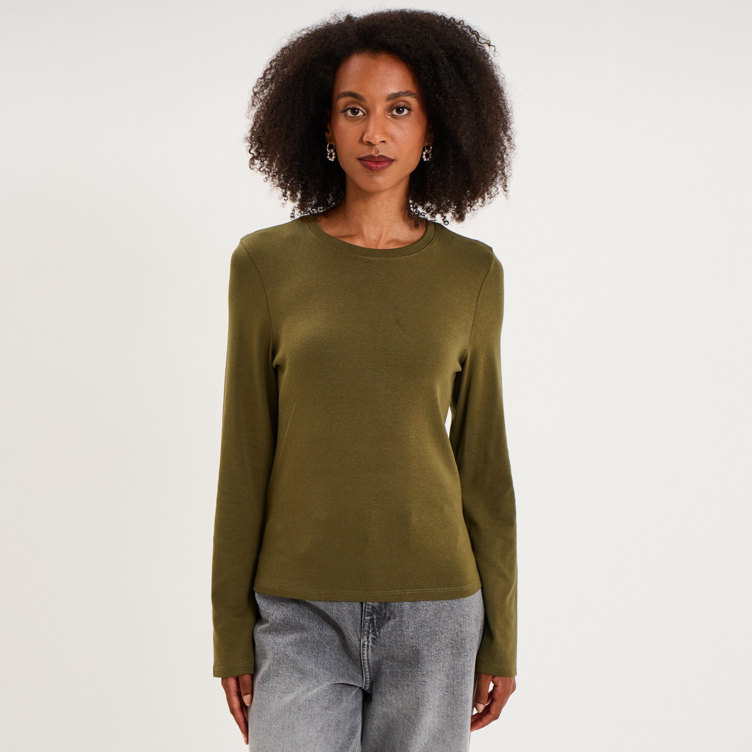 T-shirt manches longues col rond ajusté vert kaki femme