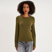 T-shirt manches longues col rond ajust&eacute; vert kaki femme