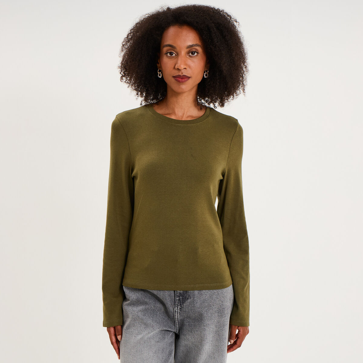 T-shirt manches longues col rond ajust&eacute; vert kaki femme
