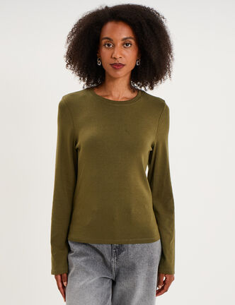 T-shirt manches longues col rond ajust&eacute; vert kaki femme