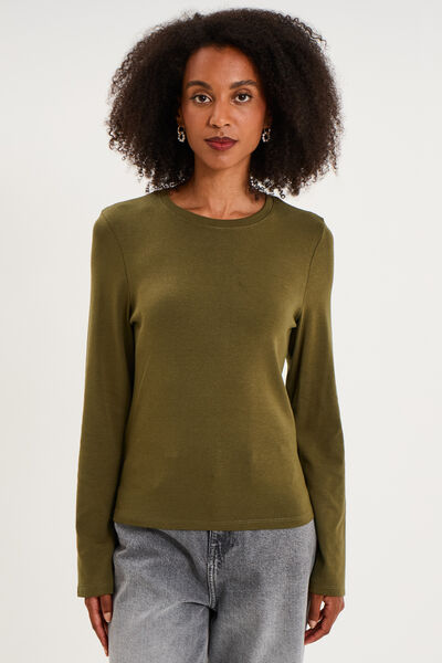 T-shirt manches longues col rond ajust&eacute; vert kaki femme
