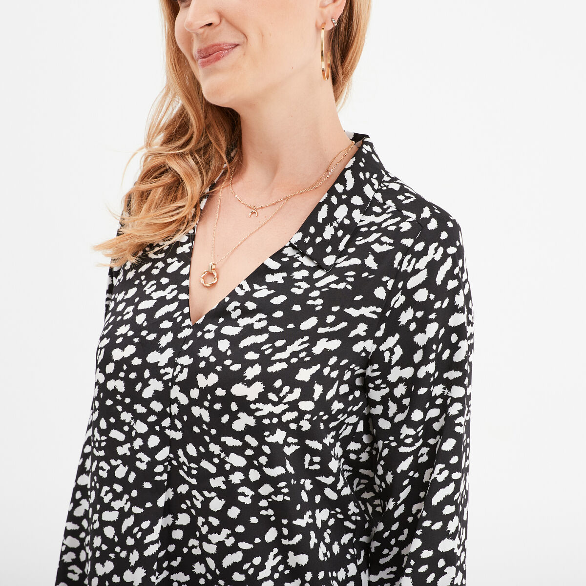 Blouse effet satin col en V à revers noir femme