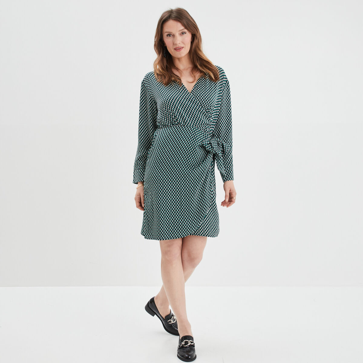Robe col cache-coeur avec noeud bleu marine femme