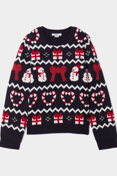Pull de Noël col rond manches longues bleu marine fille