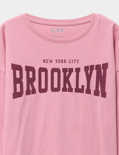 T-shirt col rond manches longues coton vieux rose fille