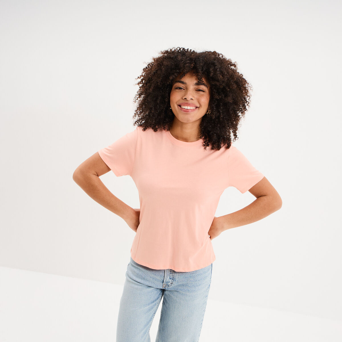 T-shirt col rond manches courtes coton rose poudr&eacute;e femme