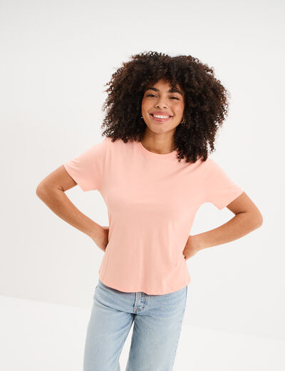 T-shirt col rond manches courtes coton rose poudr&eacute;e femme