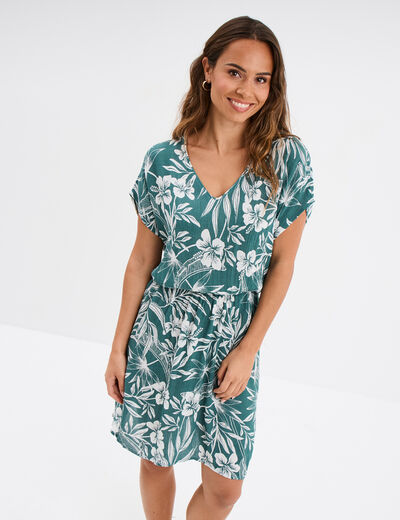 Robe caftant courte col en V vert foncé femme