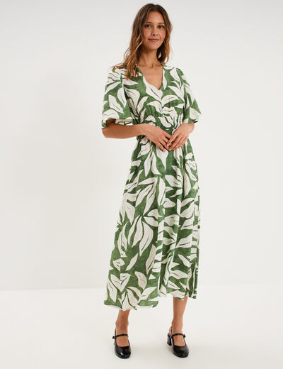 Robe longue col V taille &eacute;lastiqu&eacute;e vert kaki femme