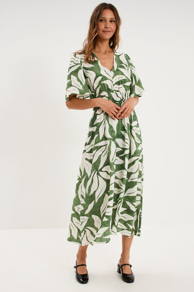 Robe longue col V taille &eacute;lastiqu&eacute;e vert kaki femme