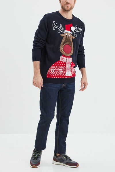 Pull de Noël avec pompon bleu marine homme