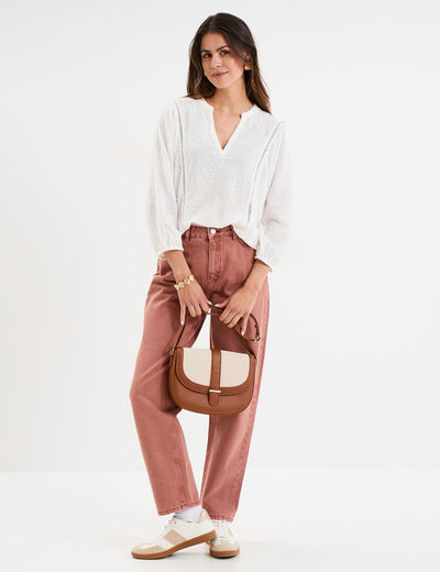 Blouse ajour&eacute;e manches 3/4 col en V blanc femme
