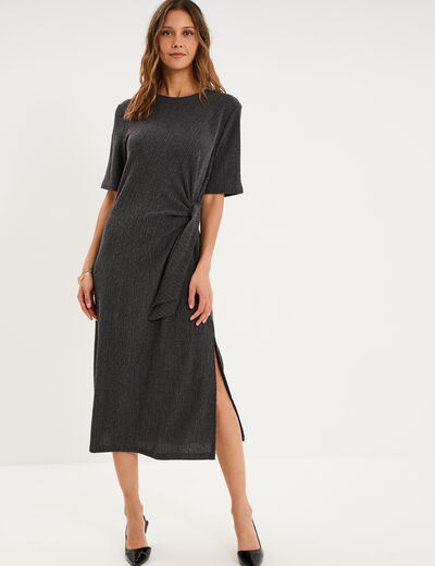 Robe longue gaufr&eacute;e noeud c&ocirc;t&eacute; gris fonc&eacute; femme