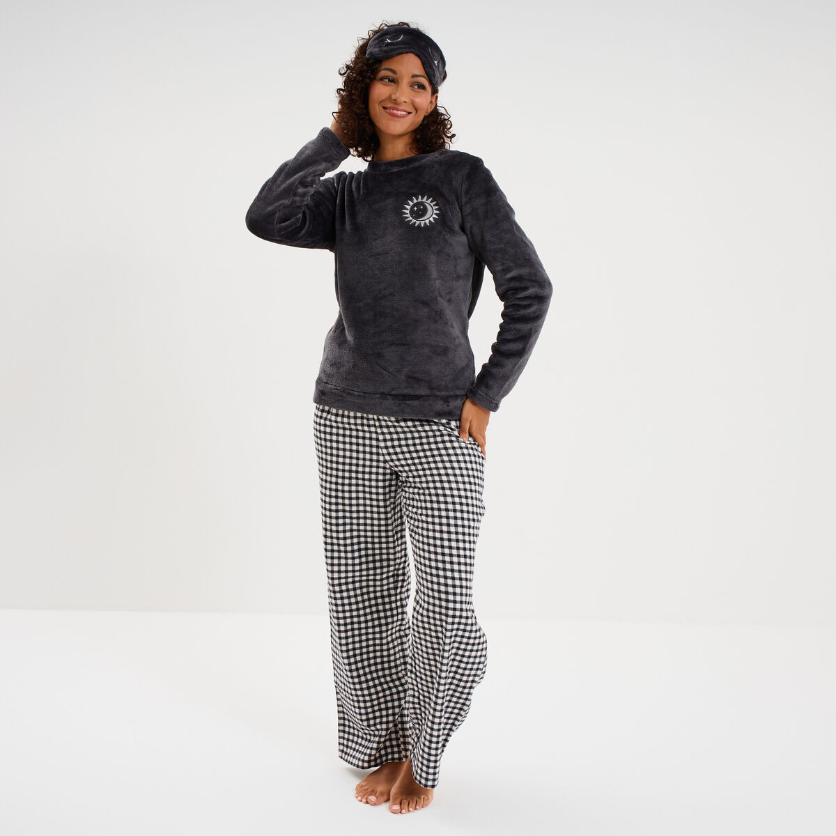 Ensemble pyjama effet polaire 3 pi&egrave;ces bleu marine femme