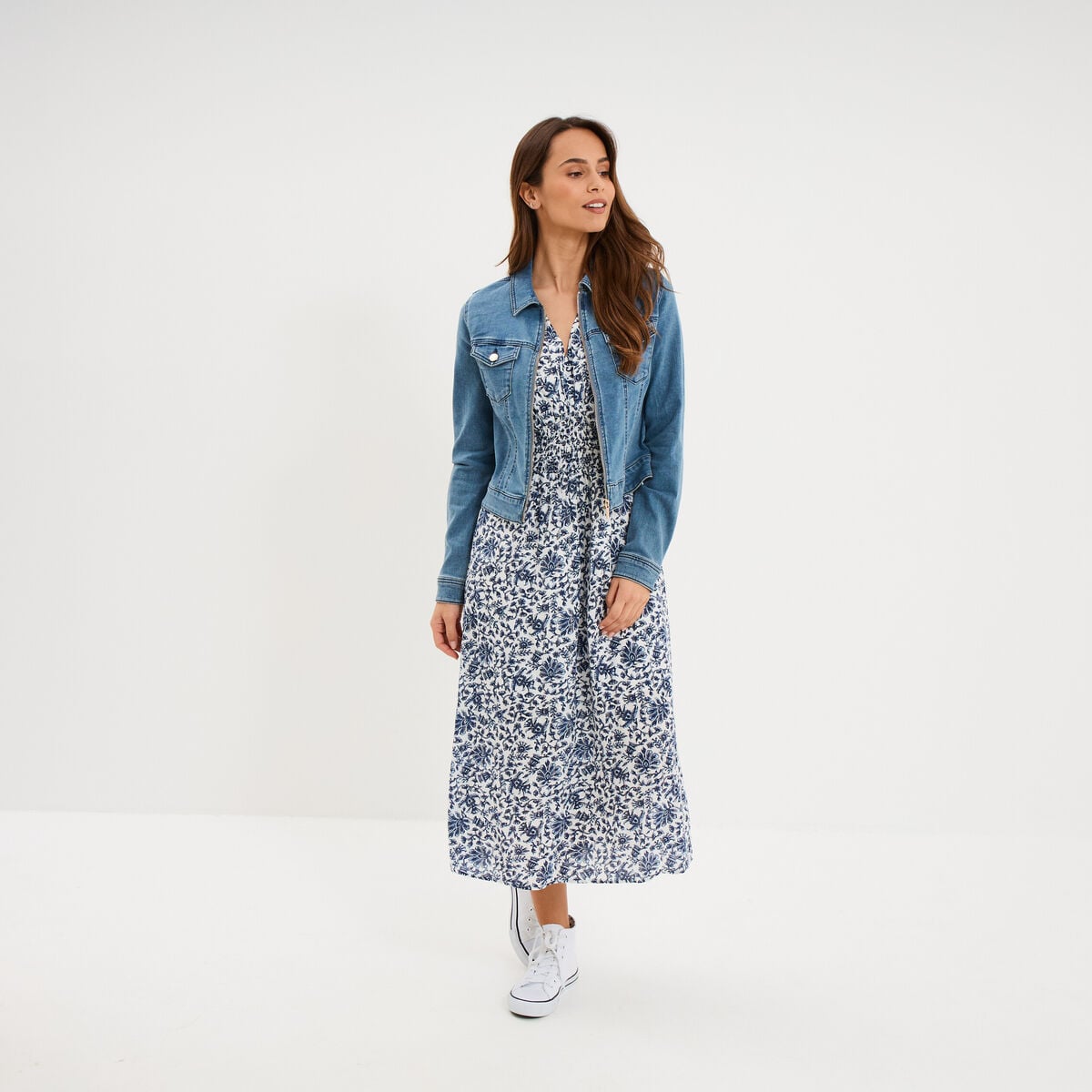 Robe longue empire taille smock&eacute;e blanc femme