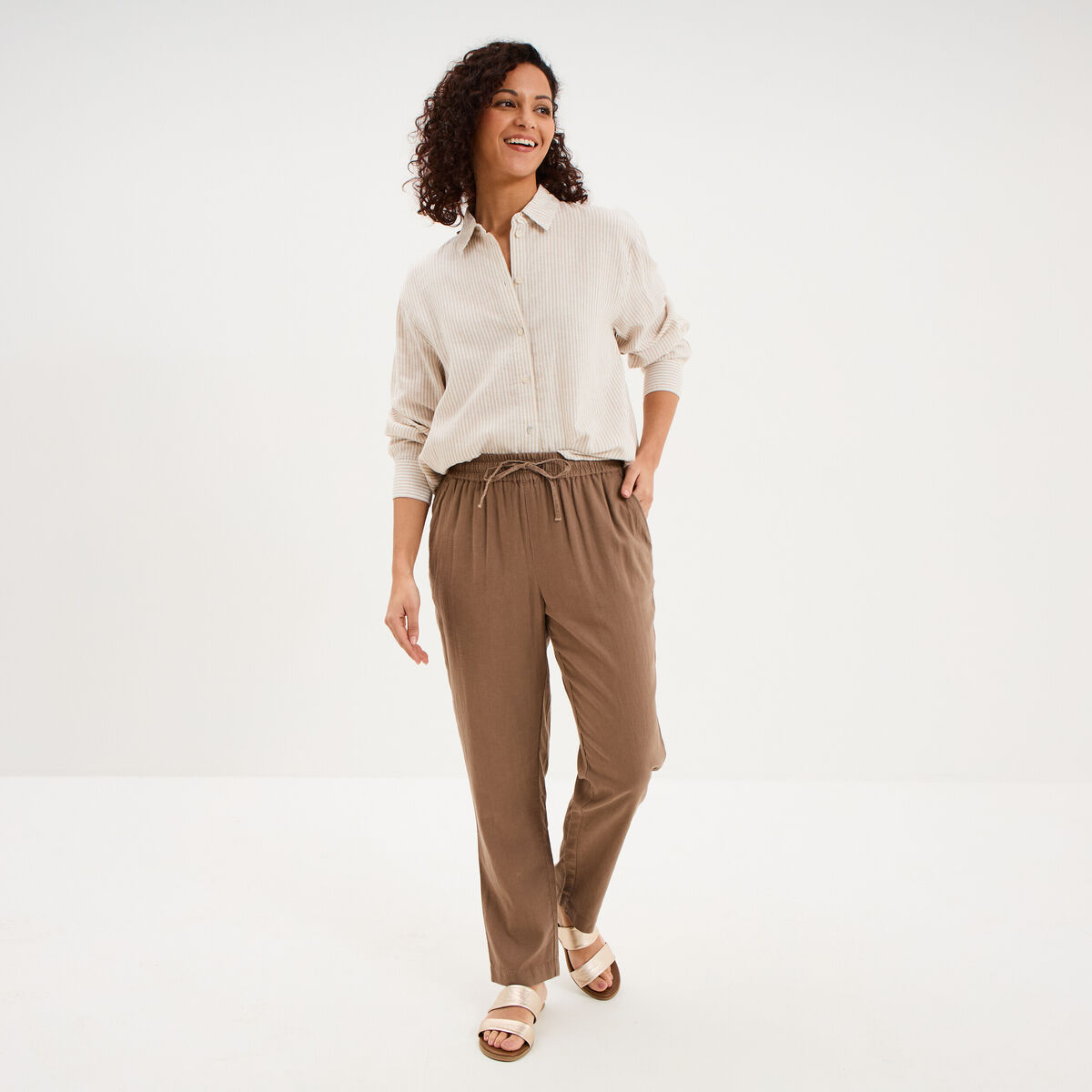 Chemise oversize lin m&eacute;lang&eacute; beige femme