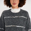 Pull col rond &agrave; sequins manches longues gris femme
