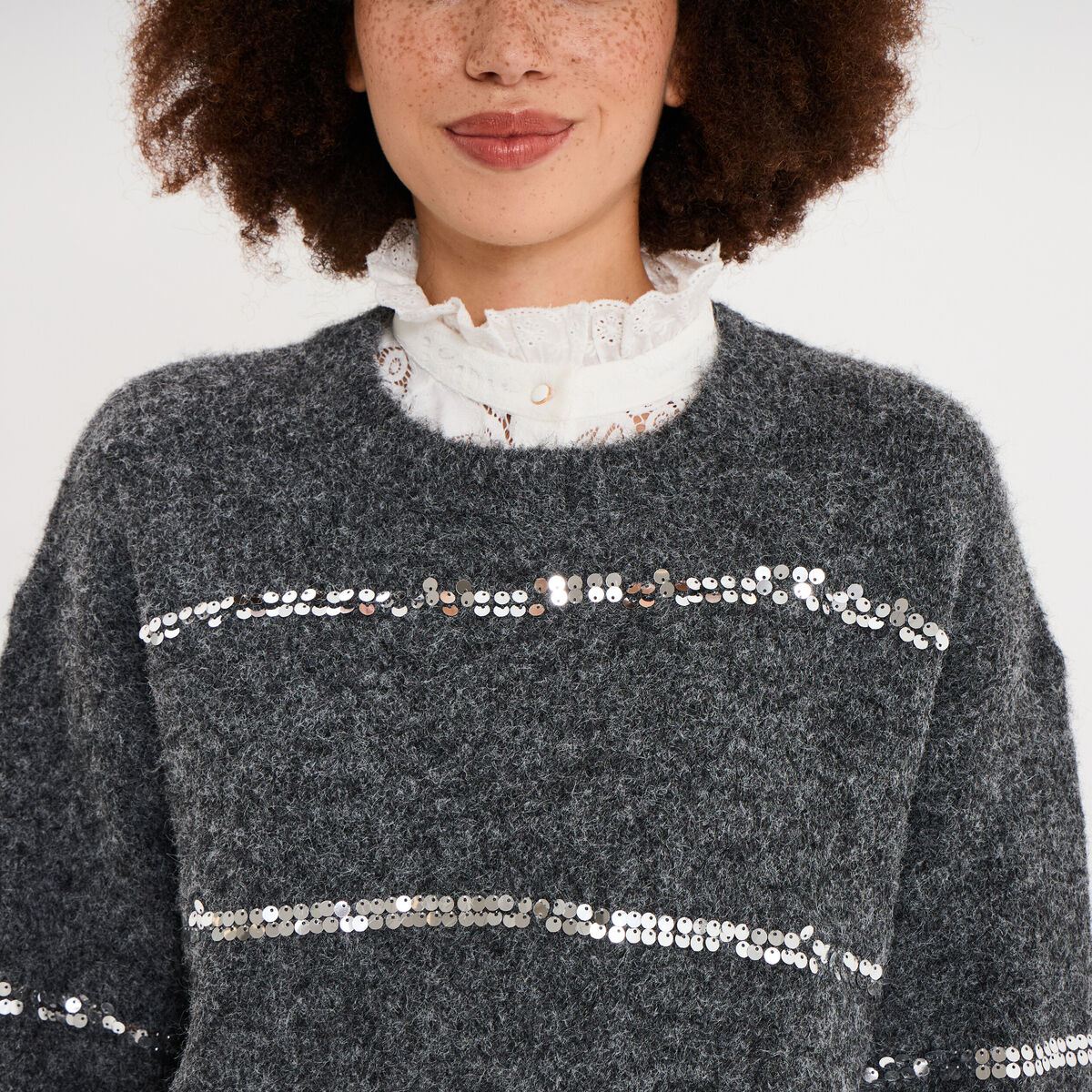 Pull col rond &agrave; sequins manches longues gris femme