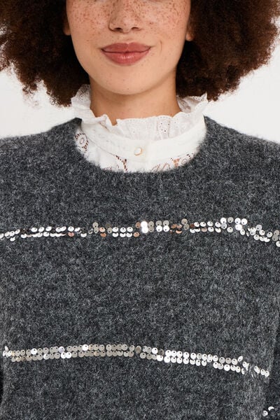 Pull col rond &agrave; sequins manches longues gris femme