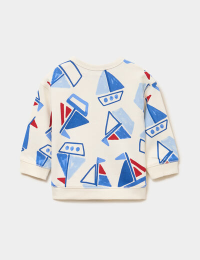 Sweat molleton col rond &eacute;paule boutonn&eacute;e ecru b&eacute;b&eacute; gar&ccedil;on